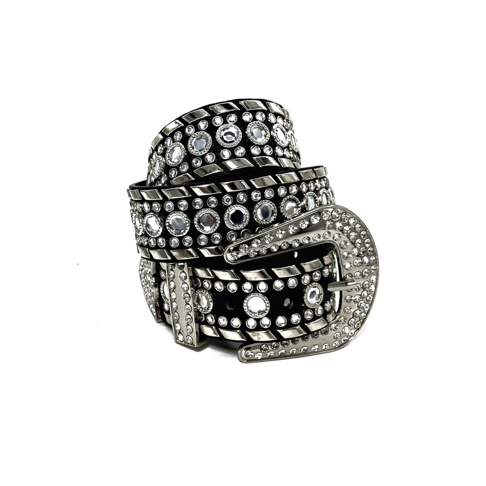 Y2K Rhinestone Western Bling Leather Belt Crystal Buckle Tip Black Silver NEW